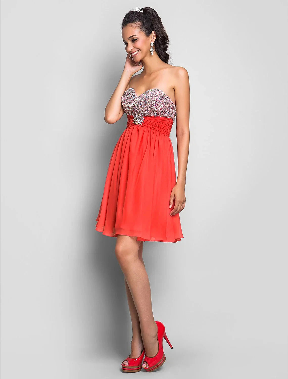A-Line Cute Dress Wedding Guest Cocktail Party Short / Mini Sleeveless Sweetheart Pink Dress Chiffon with Ruched Crystals Beading by YiHuiw