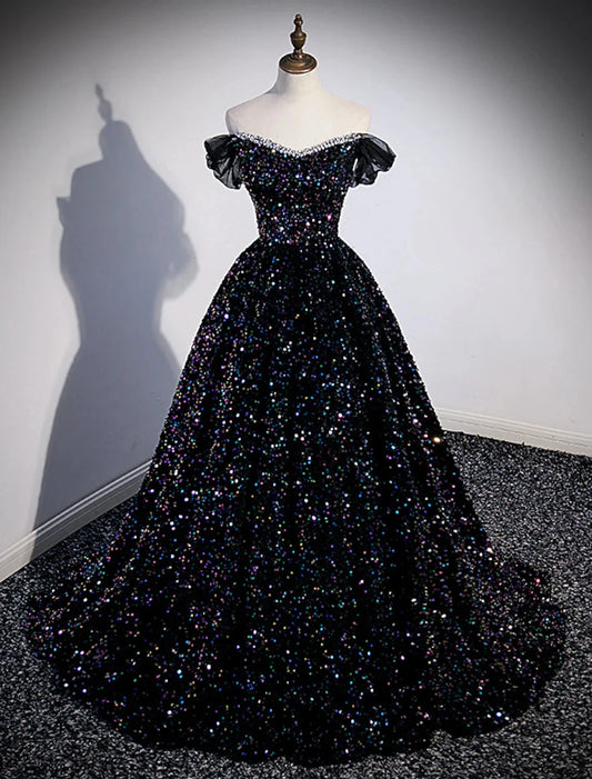 Ball Gown Prom Dresses Sparkle & Shine Dress Wedding Guest Birthday Court Train Sleeveless Off Shoulder Sequined with Pleats Sequin by YiHuiw
