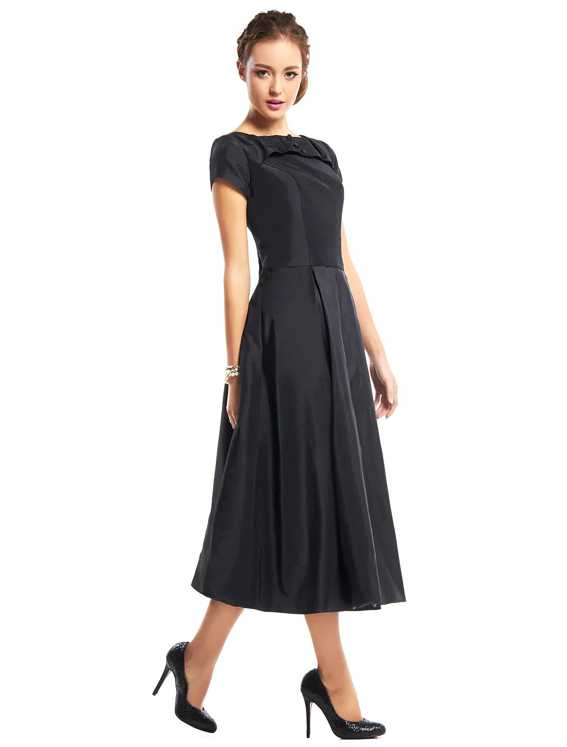A-Line Black Dress Vintage Homecoming Wedding Guest Tea Length Short Sleeve Boat Neck Taffeta with Buttons by YiHuiw