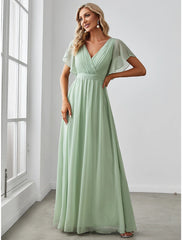A-Line Bridesmaid Dress V Neck Short Sleeve Elegant  Chiffon with Ruffles / Solid Color