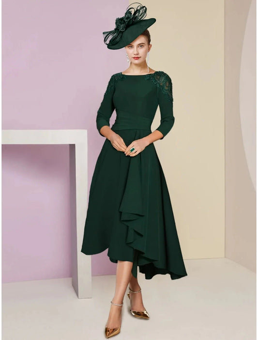A-Line Mother of the Bride Dress Wedding Guest Elegant Scoop Neck Asymmetrical Chiffon 3/4 Length Sleeve with Sequin Ruching Solid Color by YiHuiw