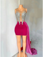 Sheath / Column Cocktail Dresses Sparkle & Shine Dress Carnival Wedding Party Short / Mini Sleeveless Jewel Neck African American  Fabric with Beading