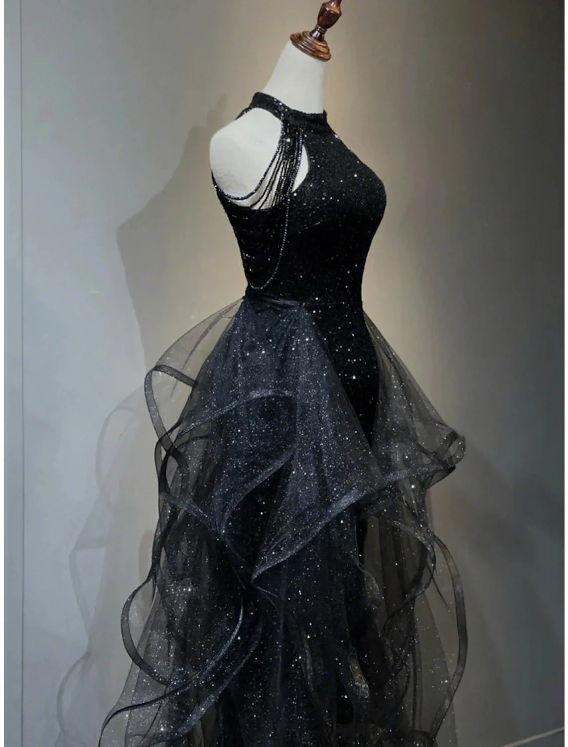 A-Line Prom Black Dress Vintage Dress Wedding Party Birthday Sweep / Brush Train Sleeveless Halter Neck Wednesday Addams Family Sequined with Crystals Sequin Ruffles by YiHuiw