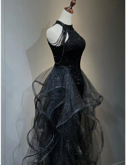 A-Line Prom Black Dress Vintage Dress Wedding Party Birthday Sweep / Brush Train Sleeveless Halter Neck Wednesday Addams Family Sequined with Crystals Sequin Ruffles by YiHuiw