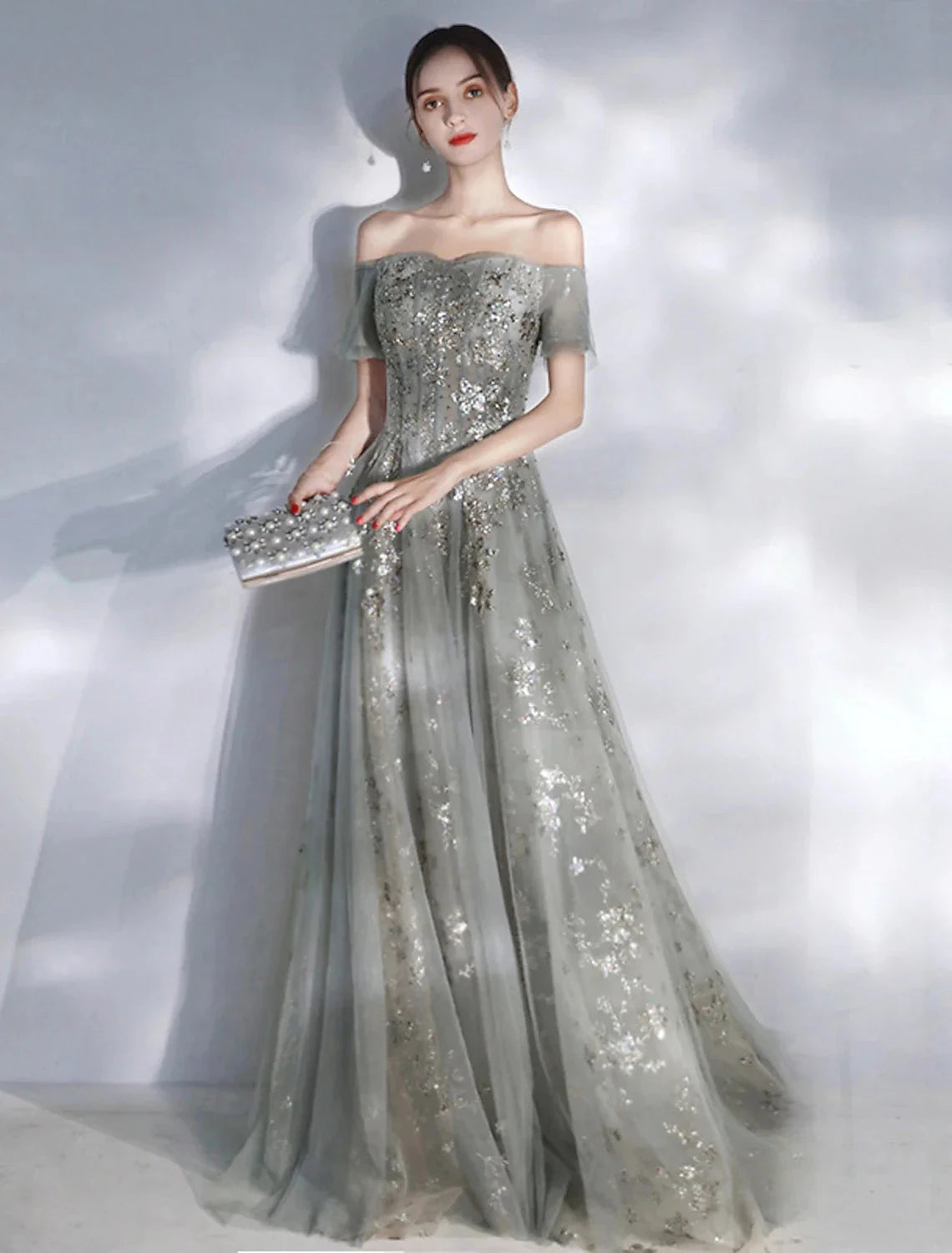 A-Line Evening Gown Glittering Dress Engagement Formal Evening Floor Length Short Sleeve Off Shoulder Spandex with Sequin Appliques by YiHuiw