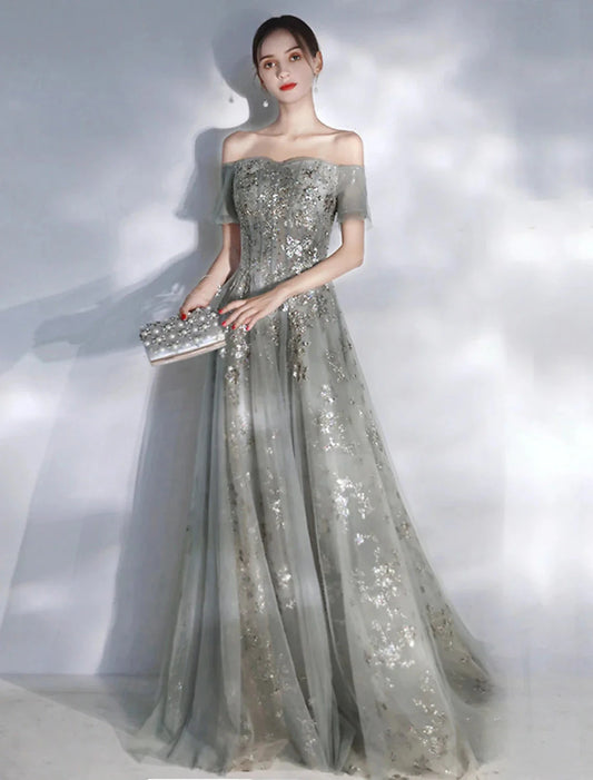 A-Line Evening Gown Glittering Dress Engagement Formal Evening Floor Length Short Sleeve Off Shoulder Spandex with Sequin Appliques by YiHuiw