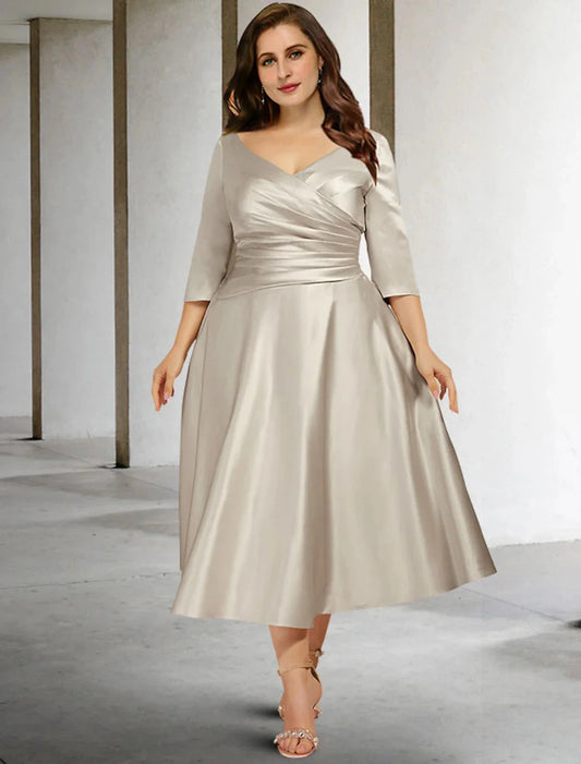 A-Line Mother of the Bride Dresses Plus Size Hide Belly Curve Vintage Dress Formal Tea Length Sleeveless V Neck Satin with Ruched by YiHuiw