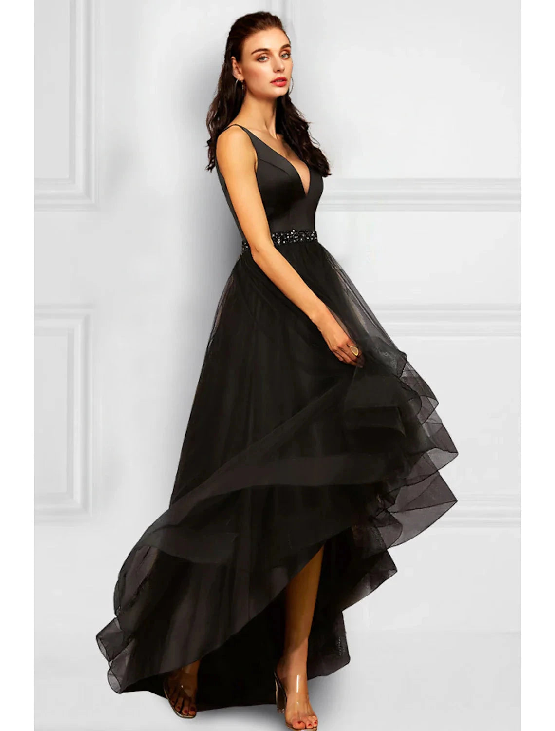A-Line Cocktail Dresses Elegant Dress Party Wear Asymmetrical Sleeveless V Neck Organza with Rhinestone Ruffles by YiHuiw