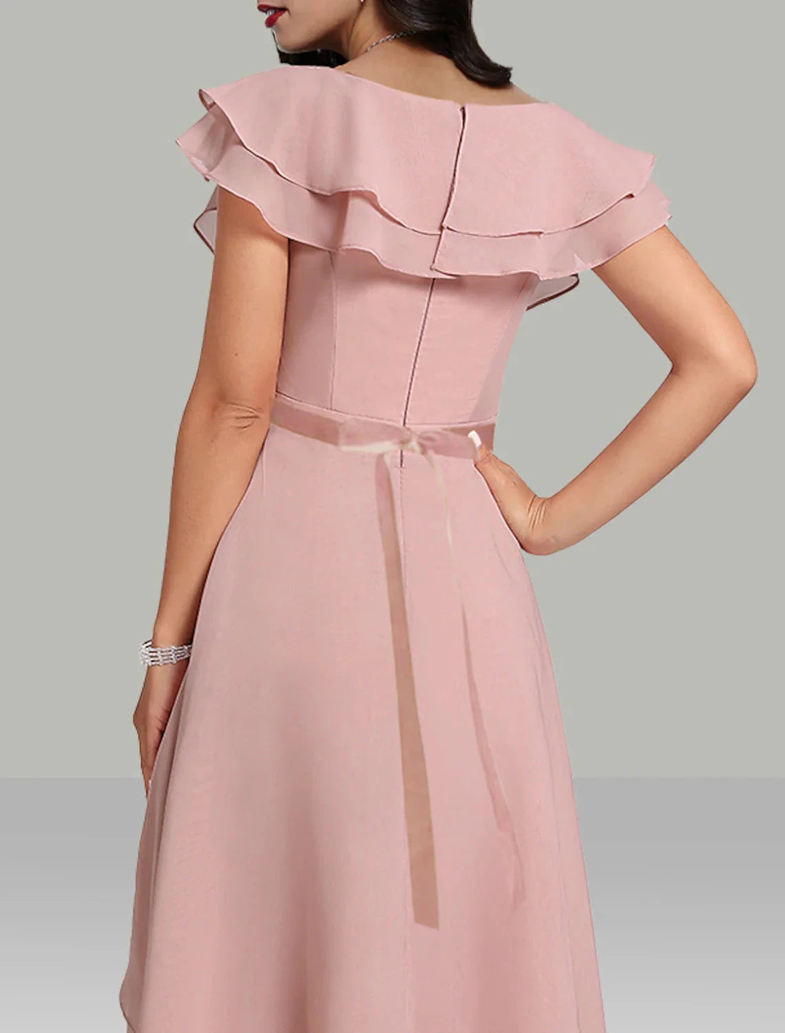 A-Line Wedding Guest Dresses Tiered Plisse Dress Cocktail Party Semi Formal Tea Length Short Sleeve V Neck Belt / Sash Chiffon with Beading by YiHuiw