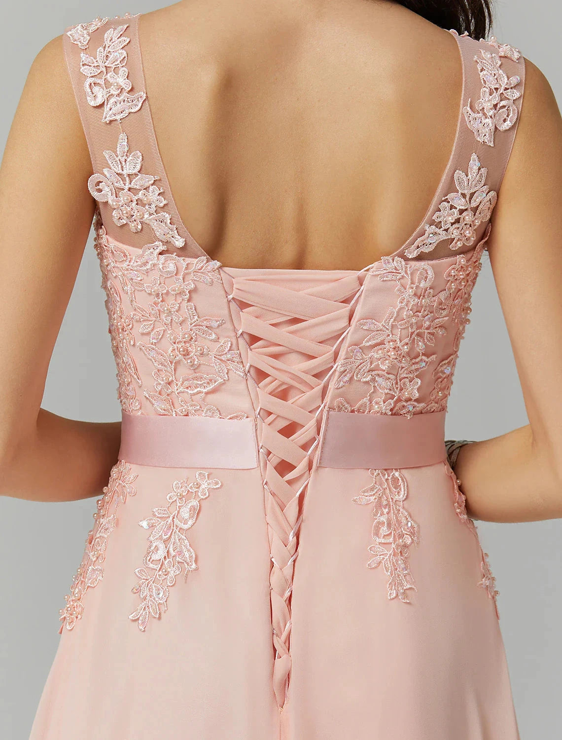 A-Line Bridesmaid Dress Jewel Neck Sleeveless Elegant Floor Length Chiffon / Lace with Appliques by YiHuiw