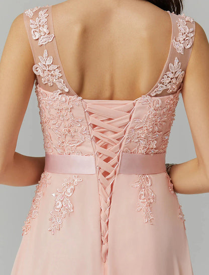 A-Line Bridesmaid Dress Jewel Neck Sleeveless Elegant Floor Length Chiffon / Lace with Appliques by YiHuiw
