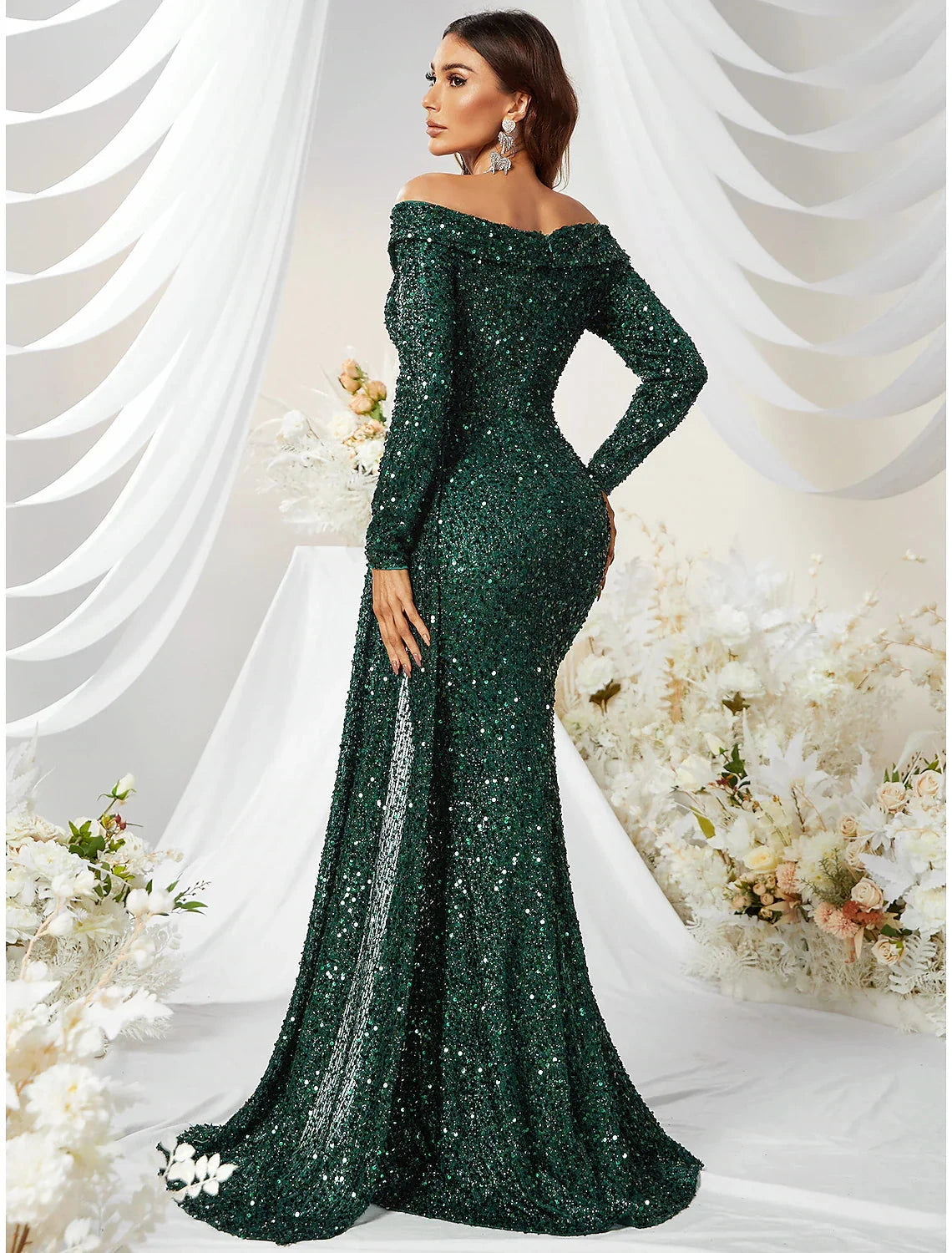 Mermaid / Trumpet Evening Gown Sparkle & Shine Dress Formal Cocktail Party Sweep / Brush Train Long Sleeve Off Shoulder Polyester with Sequin by YiHuiw