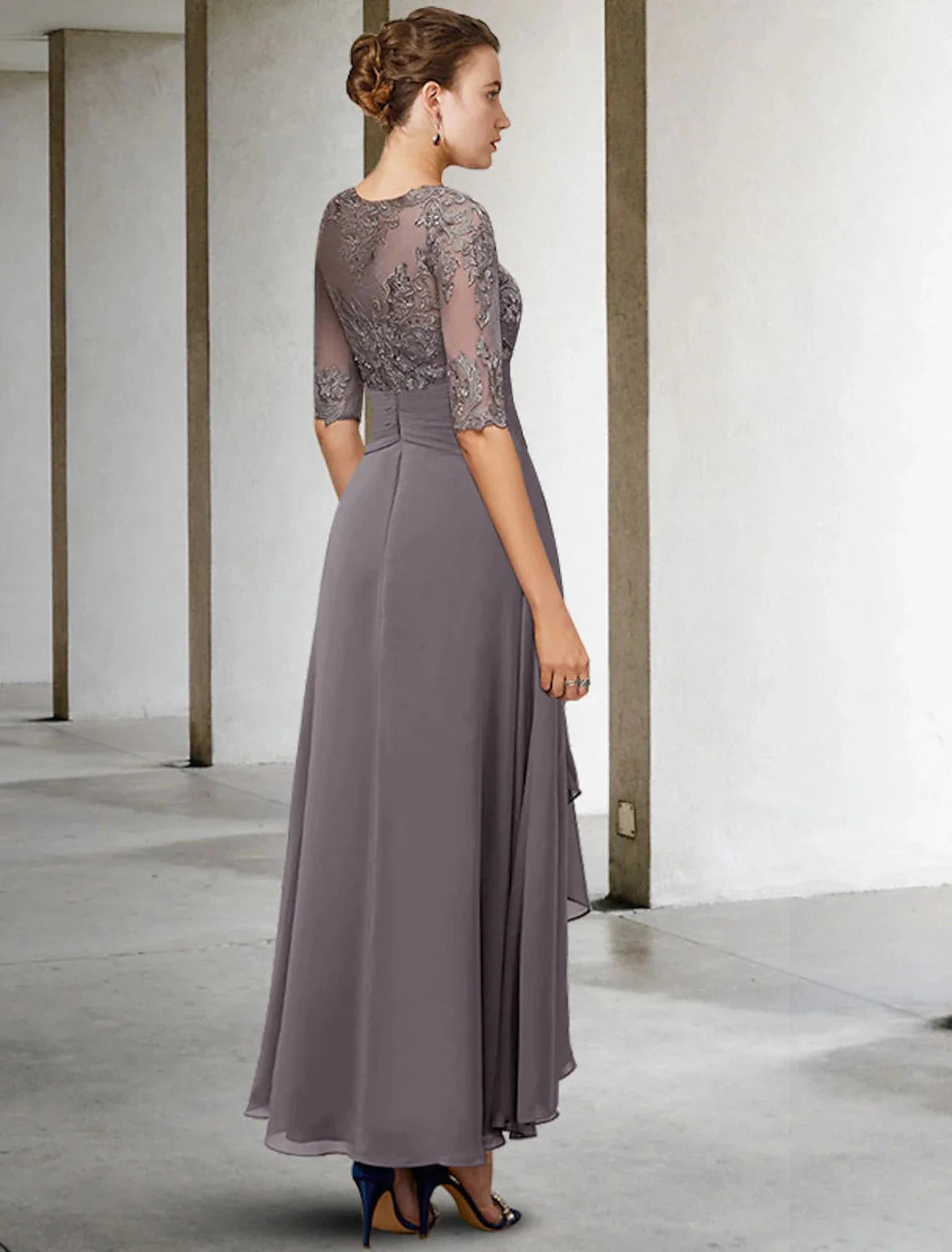 A-Line Mother of the Bride Dress Fall Wedding Guest Dresses Plus Size Elegant High Low V Neck Asymmetrical Ankle Length Chiffon Lace Half Sleeve with Beading Appliques by YiHuiw