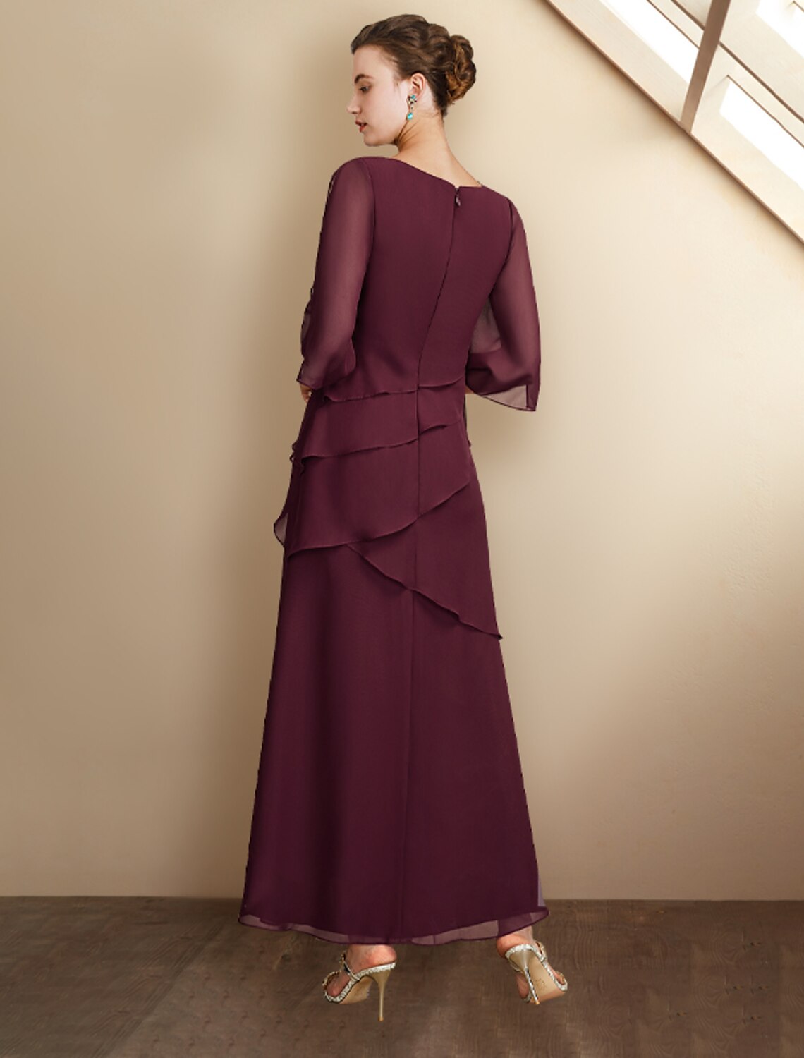 A-Line Mother of the Bride Dress Wedding Guest Plus Size Elegant Jewel Neck Ankle Length Chiffon Half Sleeve with Ruffles Side-Draped Fall by YiHuiw