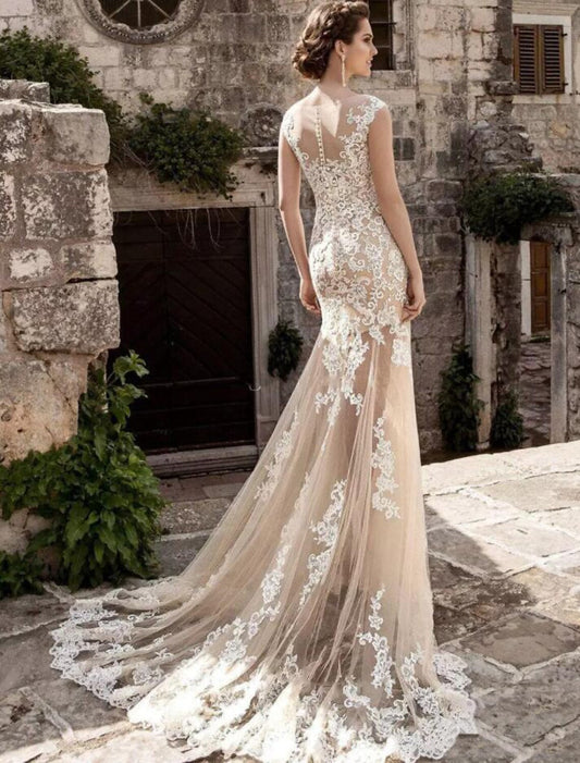 Engagement Formal Wedding Dresses Mermaid / Trumpet Illusion Neck Cap Sleeve Court Train Lace Bridal Gowns With Appliques Summer Wedding Party Women's Clothing by YiHuiw