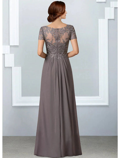A-Line Mother of the Bride Dress Elegant V Neck Floor Length Chiffon Lace Short Sleeve with Pleats Appliques by YiHuiw