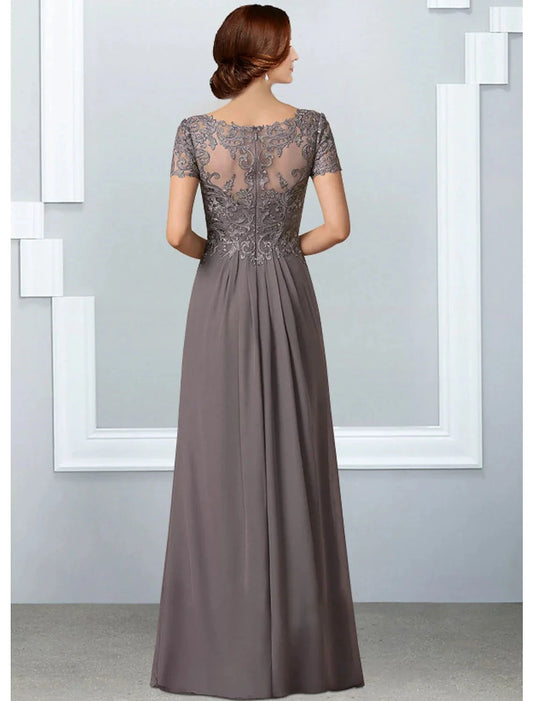 A-Line Mother of the Bride Dress Elegant V Neck Floor Length Chiffon Lace Short Sleeve with Pleats Appliques by YiHuiw