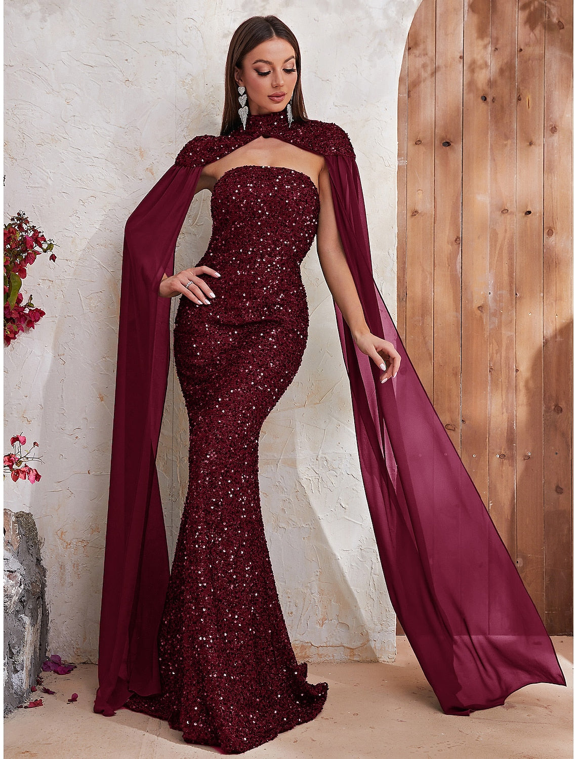 Mermaid / Trumpet Evening Gown Backless Dress Formal Wedding Reception Sweep / Brush Train Sleeveless High Neck Capes Sequined with Sequin by YiHuiw