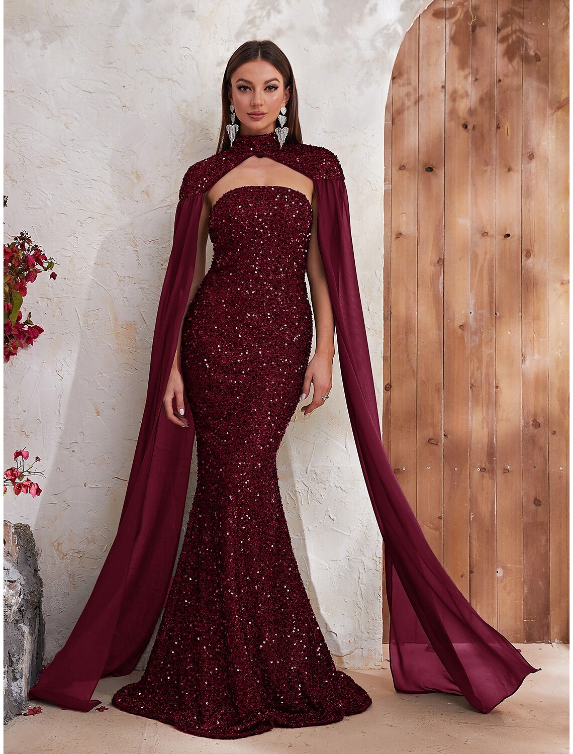 Mermaid / Trumpet Evening Gown Backless Dress Formal Wedding Reception Sweep / Brush Train Sleeveless High Neck Capes Sequined with Sequin by YiHuiw
