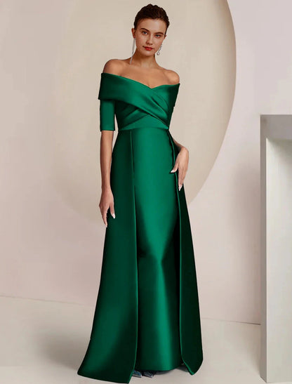 Sheath / Column Mother of the Bride Dress Formal Wedding Guest Party Elegant Off Shoulder Floor Length Satin Half Sleeve with Ruching by YiHuiw