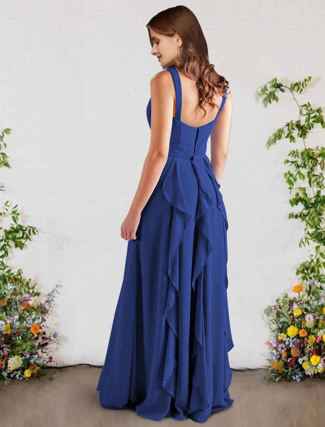 A-Line Bridesmaid Dress V Neck Sleeveless Elegant Floor Length Chiffon with Ruffles by YiHuiw