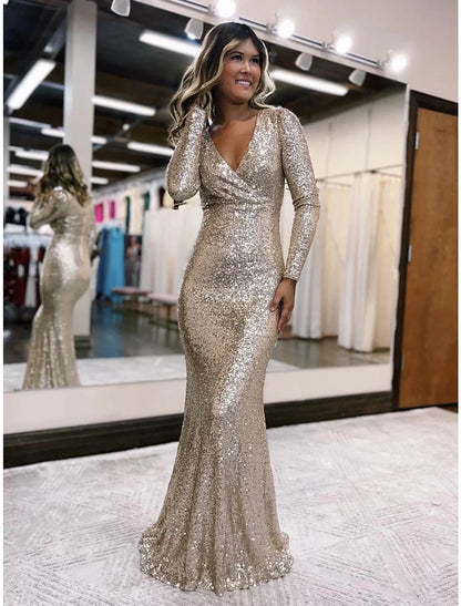Mermaid / Trumpet Evening Gown Sexy Dress Formal Floor Length Long Sleeve V Neck Sequined with Sequin by YiHuiw