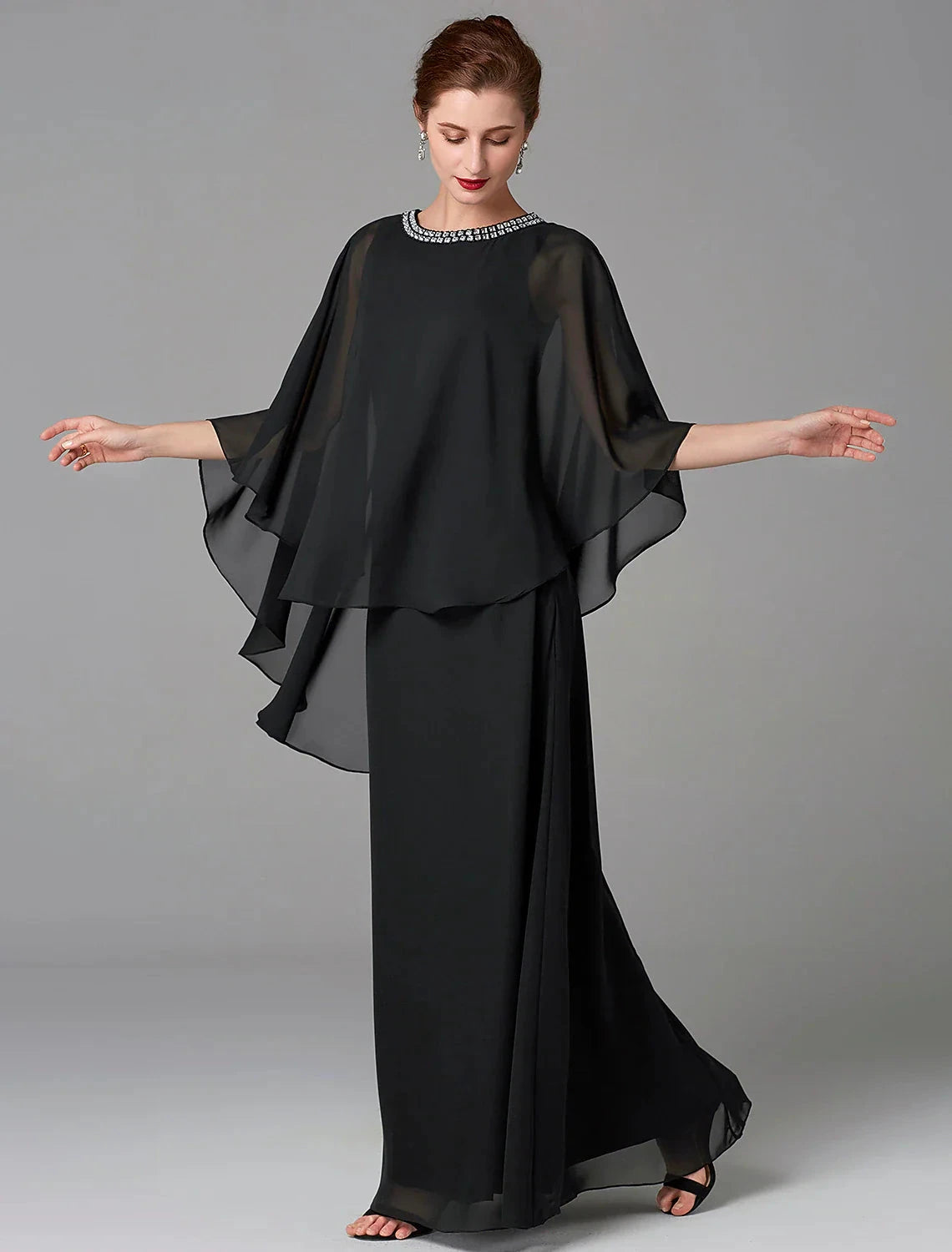 A-Line Mother of the Bride Dress Wedding Guest Plus Size Elegant Jewel Neck Floor Length Chiffon Sleeveless with Beading Fall by YiHuiw