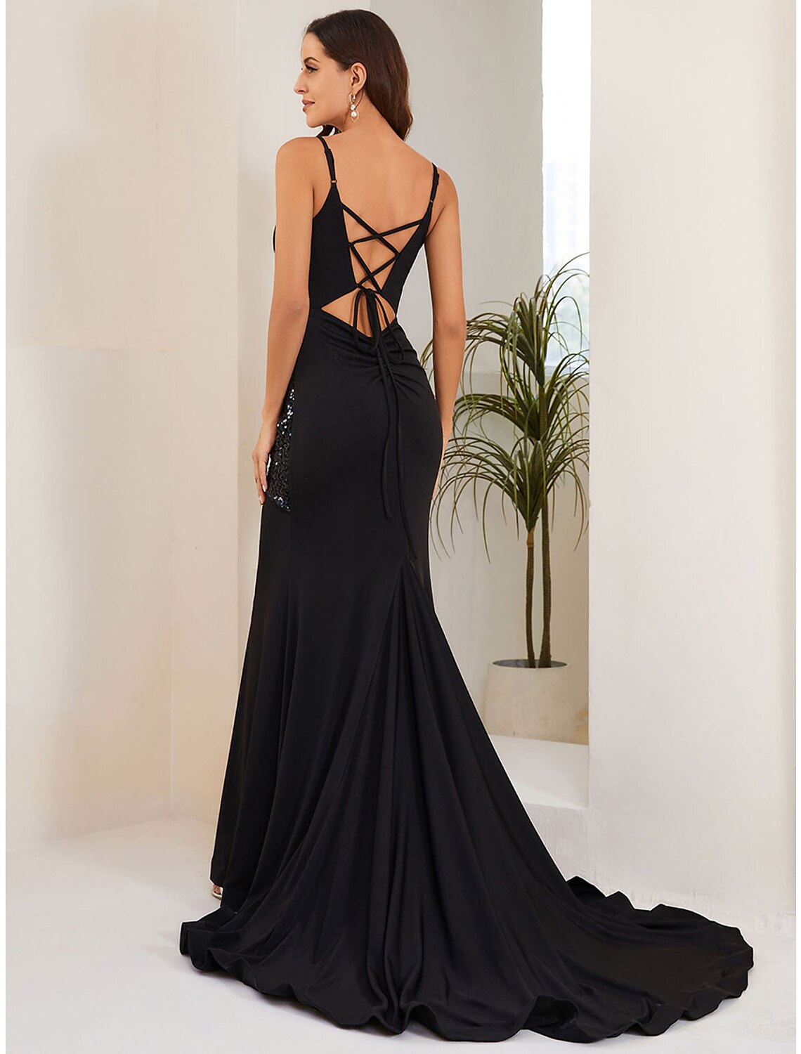Mermaid / Trumpet Evening Gown Sexy Dress Formal Court Train Sleeveless Spaghetti Strap Fabric with Crystals Slit by YiHuiw