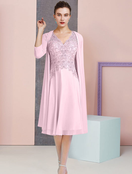 A-Line Mother of the Bride Dress Formal Wedding Guest Vintage Elegant V Neck Knee Length Chiffon Lace 3/4 Length Sleeve Jacket Dresses with Beading Sequin Appliques by YiHuiw