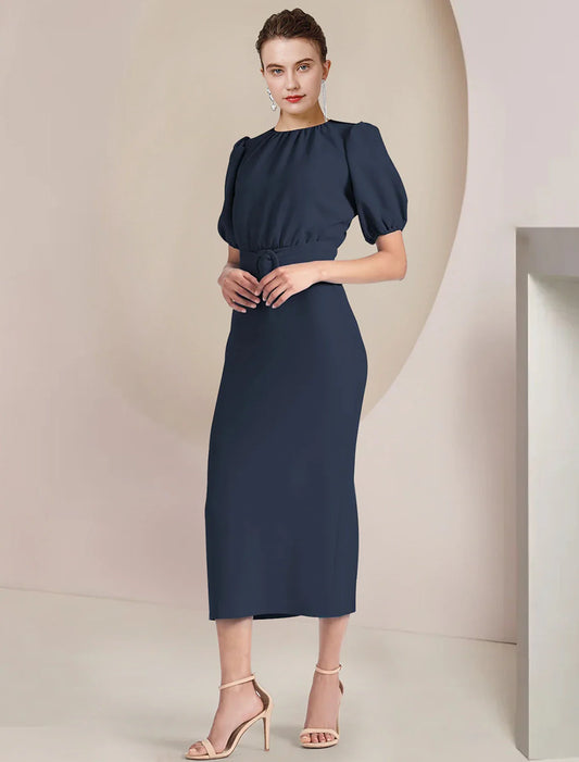 Sheath / Column Mother of the Bride Dress Formal Wedding Guest Elegant Scoop Neck Tea Length  Chiffon Short Sleeve with Sash / Ribbon