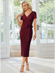 Sheath / Column Wedding Guest Dresses Minimalist Dress Party Wear Tea Length Short Sleeve V Neck  Fabric with Slit Strappy
