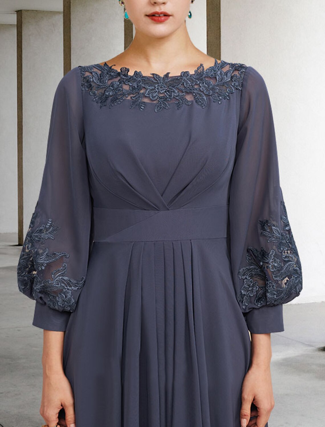 A-Line Mother of the Bride Dress Plus Size Elegant High Low Jewel Neck Asymmetrical Floor Length Chiffon Lace Half Sleeve with Pleats Appliques Side-Draped by YiHuiw