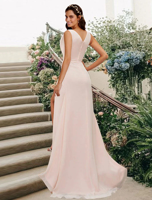 A-Line Bridesmaid Dress V Neck Sleeveless Elegant Floor Length Chiffon with Split Front / Ruching by YiHuiw