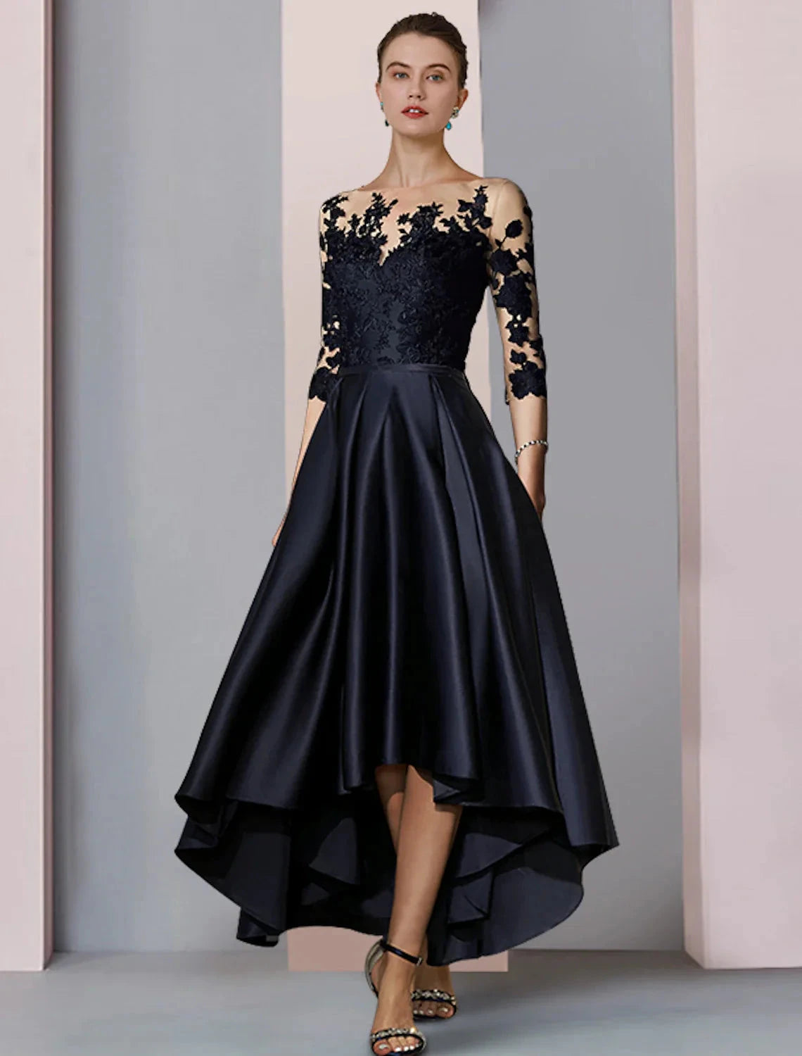 A-Line Mother of the Bride Dress Fall Wedding Guest Elegant High Low Scoop Neck Asymmetrical Tea Length Satin Lace 3/4 Length Sleeve with Pleats Appliques by YiHuiw