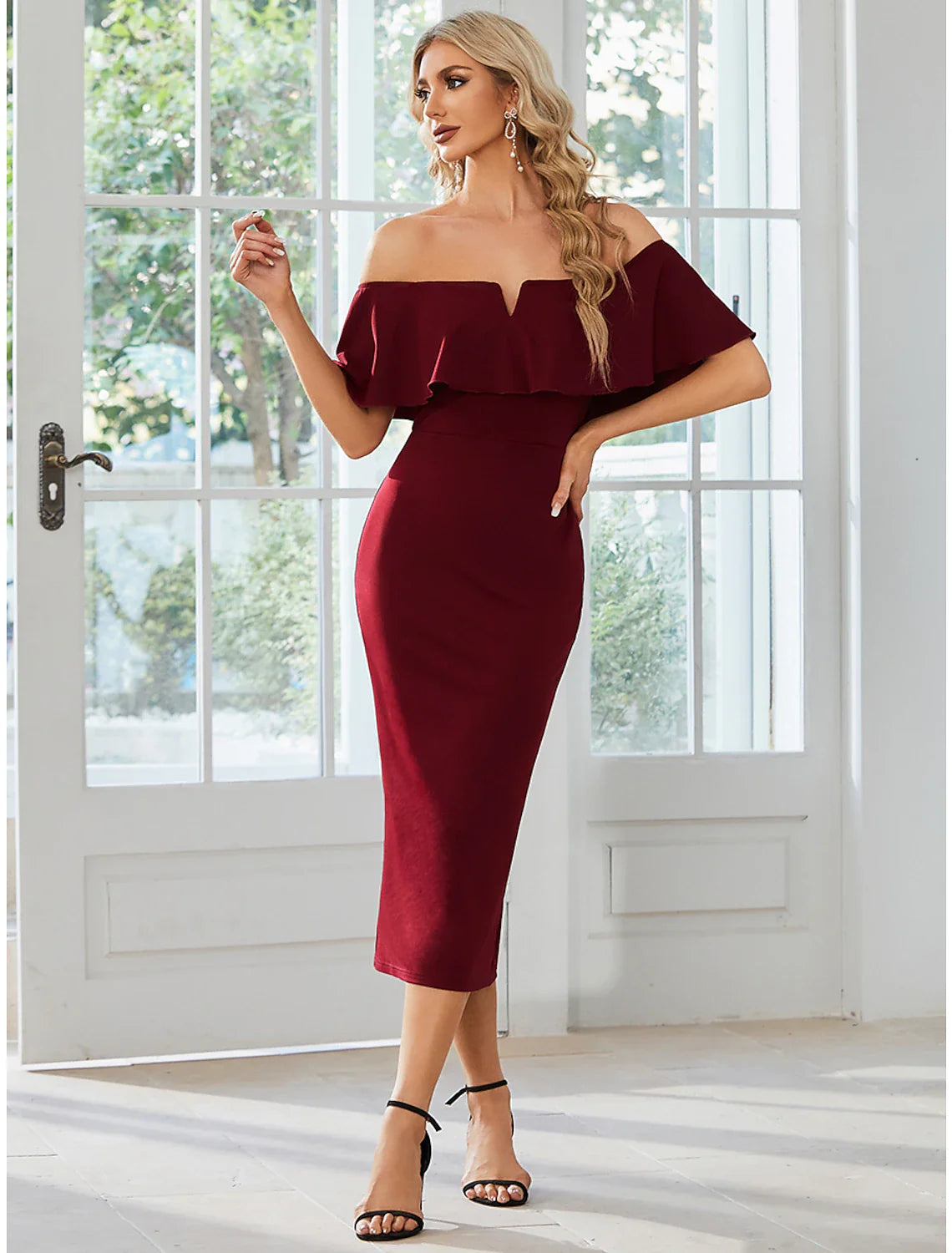 Sheath / Column Wedding Guest Dresses Minimalist Dress Party Wear Wedding Party Tea Length Short Sleeve Off Shoulder Bridesmaid Dress  Fabric with Slit Pure Color