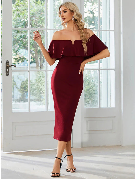 Sheath / Column Wedding Guest Dresses Minimalist Dress Party Wear Wedding Party Tea Length Short Sleeve Off Shoulder Bridesmaid Dress Fabric with Slit Pure Color by YiHuiw