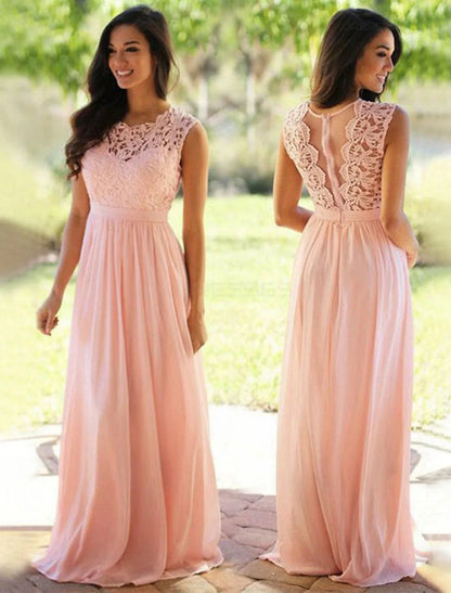 A-Line Bridesmaid Dress Jewel Neck Sleeveless Elegant Floor Length Chiffon / Lace with Sash / Ribbon / Pleats by YiHuiw