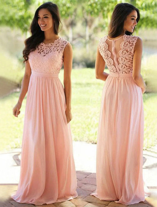 A-Line Bridesmaid Dress Jewel Neck Sleeveless Elegant Floor Length Chiffon / Lace with Sash / Ribbon / Pleats by YiHuiw