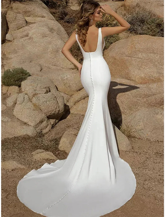 Beach Open Back Casual Wedding Dresses Mermaid / Trumpet Square Neck Sleeveless Court Train Fabric Bridal Gowns With Buttons Solid Color by YiHuiw