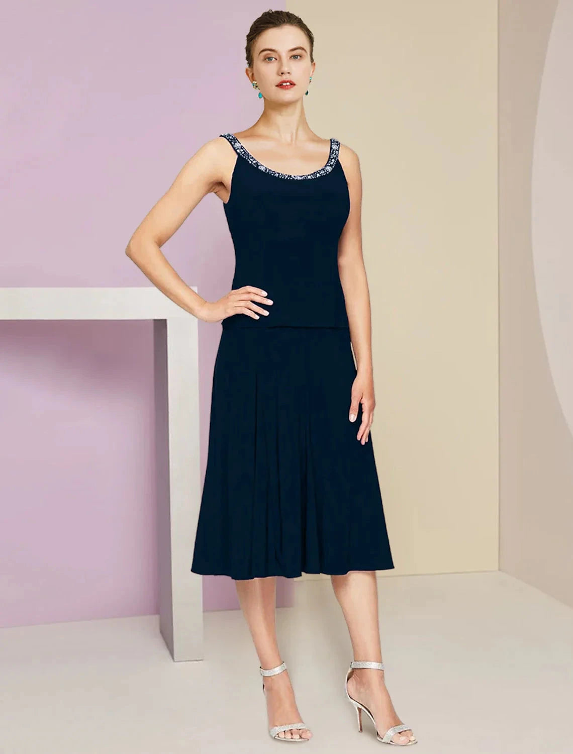 A-Line Mother of the Bride Dress Wedding Guest Elegant Petite Jewel Neck Knee Length Fabric 3/4 Length Sleeve with Pleats Crystals by YiHuiw