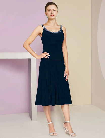 A-Line Mother of the Bride Dress Wedding Guest Elegant Petite Jewel Neck Knee Length Fabric 3/4 Length Sleeve with Pleats Crystals by YiHuiw