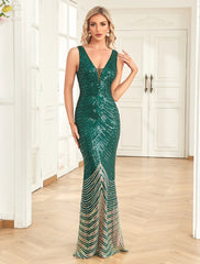 Mermaid / Trumpet Evening Gown Sparkle Dress Prom Floor Length Sleeveless V Neck Sequined with Sequin