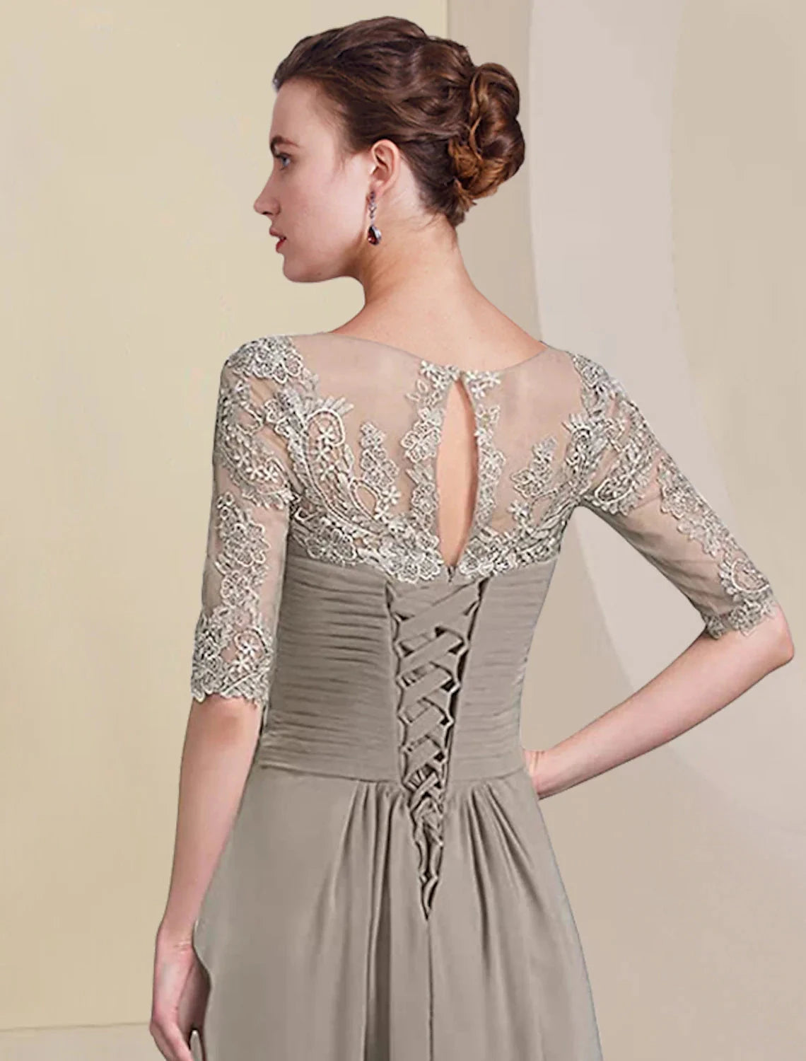 Two Piece A-Line Mother of the Bride Dress Formal Wedding Guest Elegant High Low V Neck Asymmetrical Tea Length Chiffon Lace Half Sleeve Wrap Included with Ruched Appliques by YiHuiw