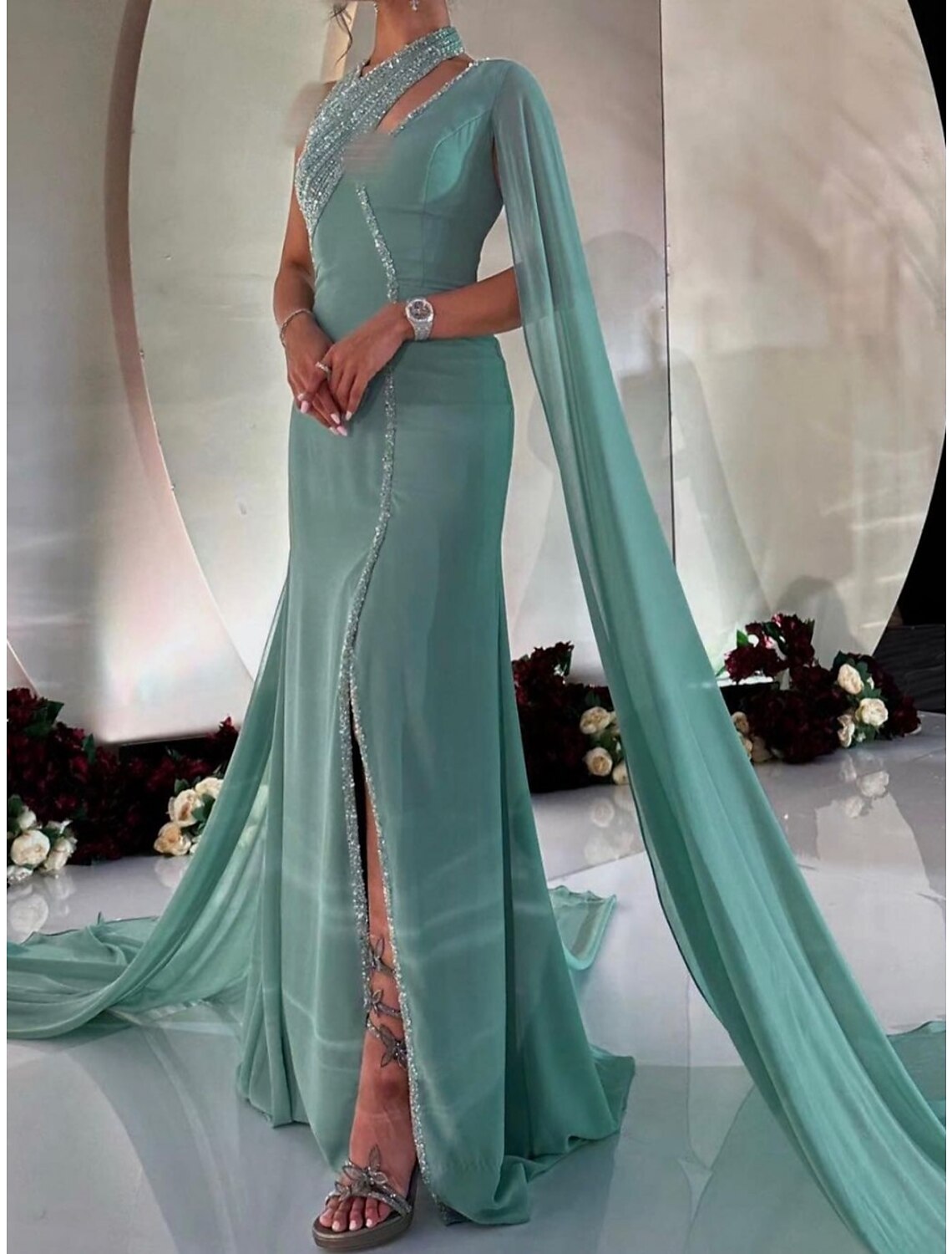 A-Line Evening Gown Elegant Dress Formal Court Train Sleeveless V Neck Sequined with Glitter Pleats Slit by YiHuiw