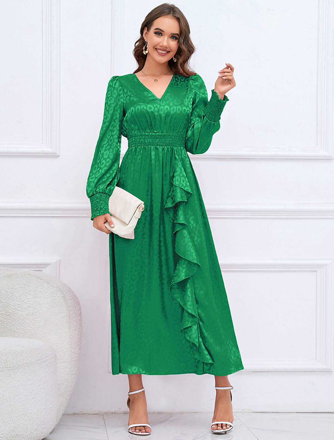 A-Line Party Dresses Elegant Dress Formal Fall Ankle Length Long Sleeve V Neck Satin with Ruffles Print by YiHuiw