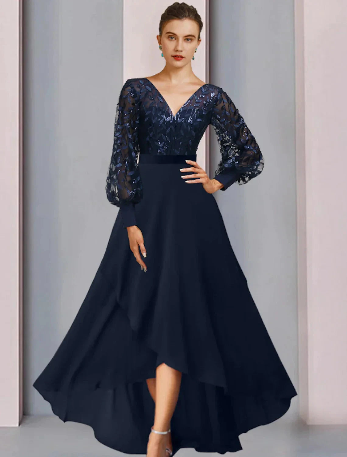 A-Line Mother of the Bride Dress Wedding Guest Sparkle & Shine High Low Jewel Neck Asymmetrical Tea Length Chiffon Lace Sequined Long Sleeve with Sequin Appliques Fall by YiHuiw