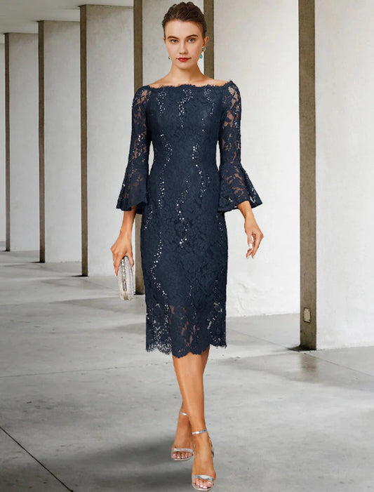 Sheath / Column Mother of the Bride Dress Wedding Guest Vintage Elegant Jewel Neck Tea Length Lace 3/4 Length Sleeve with Sequin Fall by YiHuiw