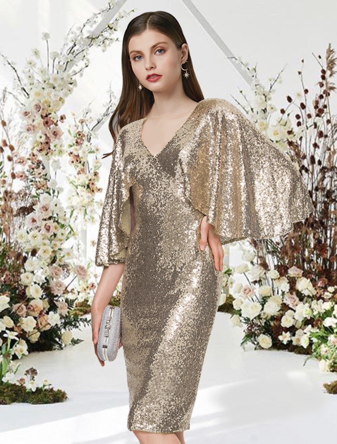 Sheath / Column Cocktail Dresses Glittering Dress Graduation Cocktail Party Knee Length Half Sleeve V Neck Sequined with Sleek by YiHuiw