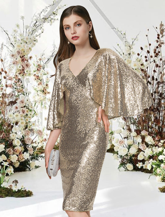 Sheath / Column Cocktail Dresses Glittering Dress Graduation Cocktail Party Knee Length Half Sleeve V Neck Sequined with Sleek by YiHuiw