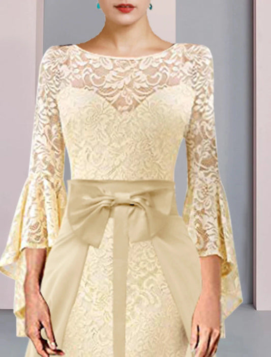 Two Piece Sheath / Column Mother of the Bride Dress Formal Wedding Guest Elegant Scoop Neck Knee Length Chiffon Lace 3/4 Length Sleeve with Bow(s) by YiHuiw